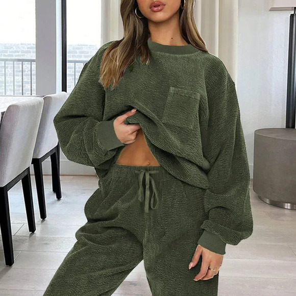 Dark Green Casual Women's Crew Neck Long Sleeve Top And Drawstring Pants Set - Picture 2 of 3